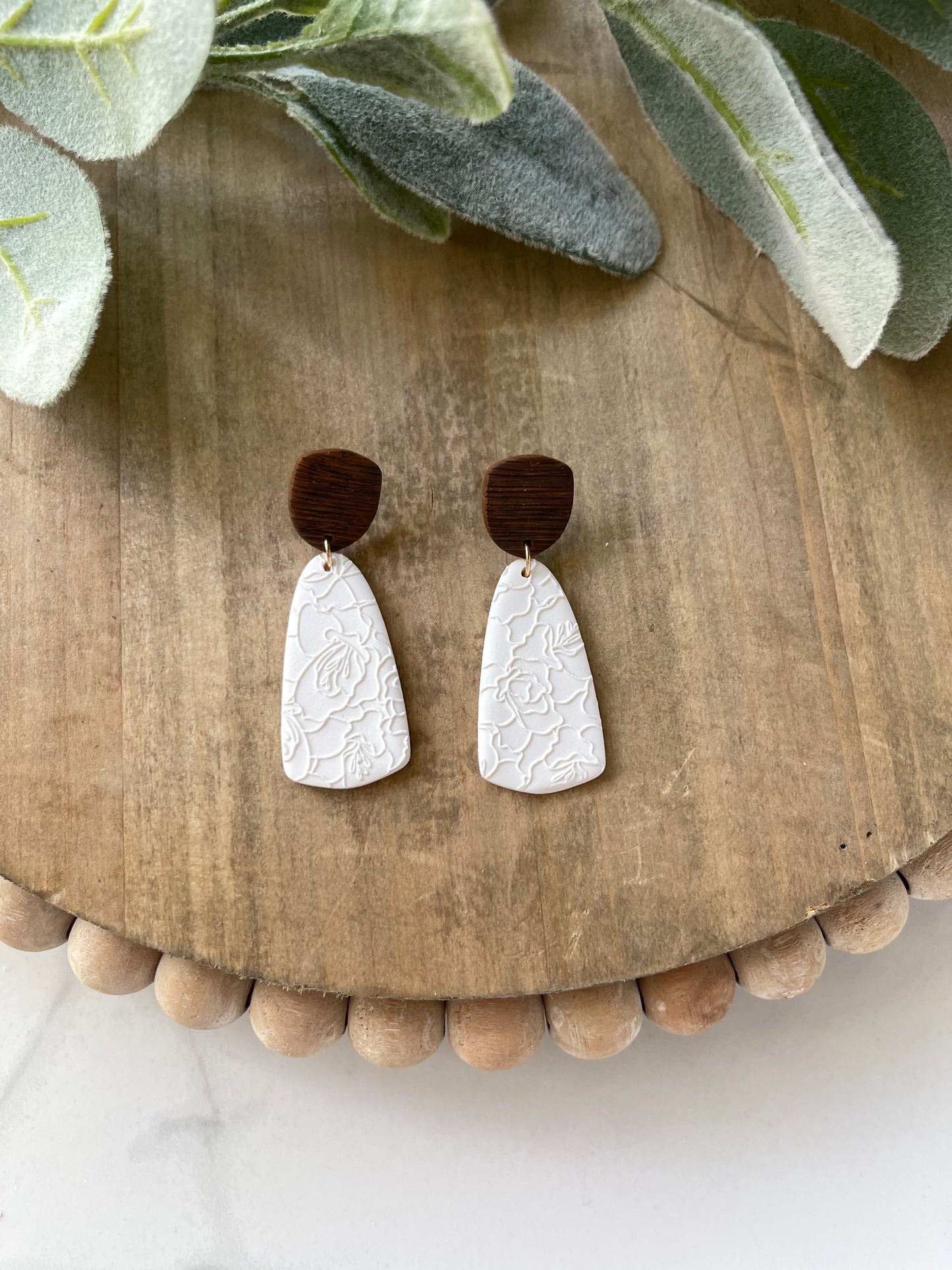 White Floral with Faux Wooden Top Stud Dangle