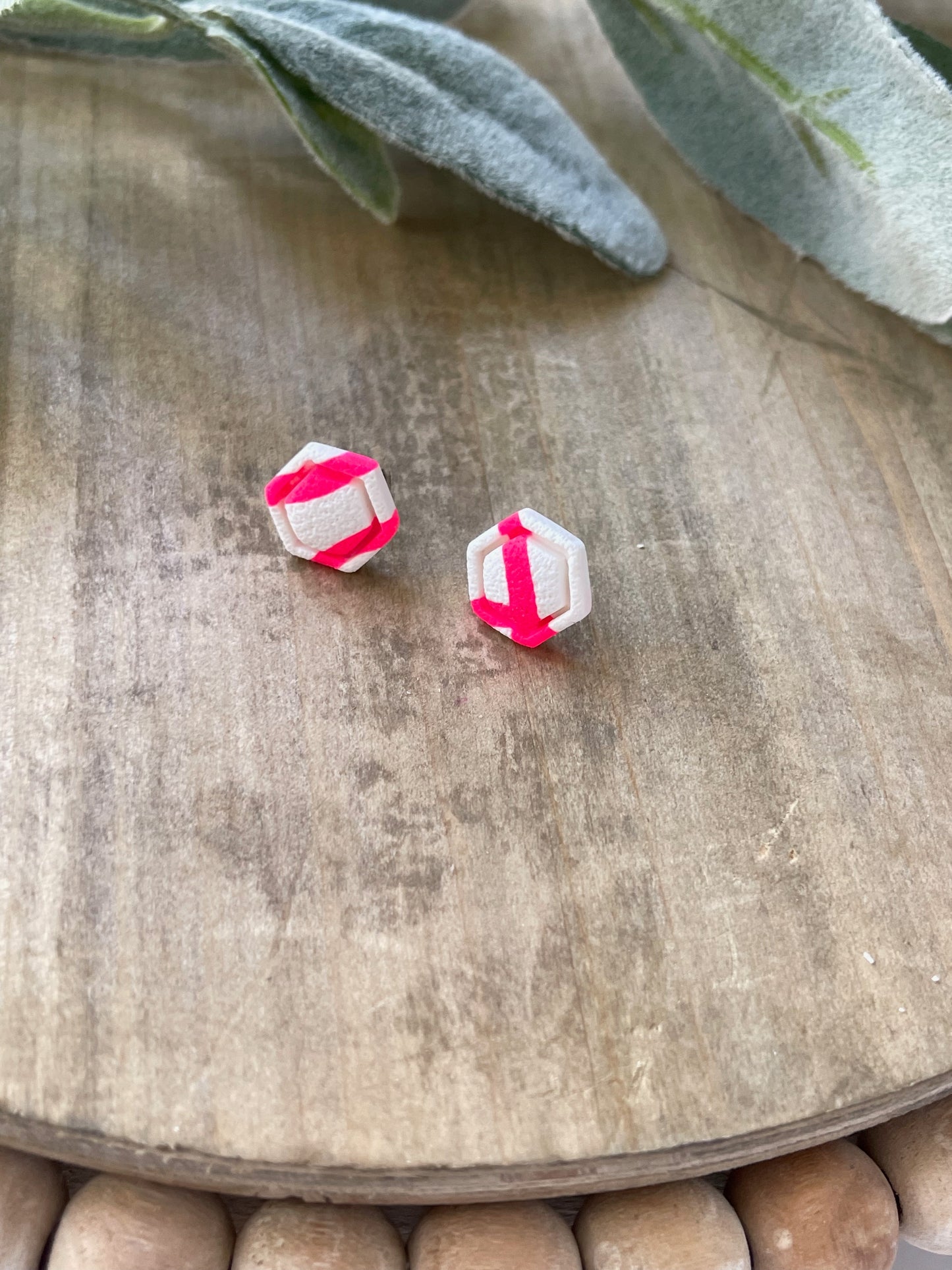 White and Hot Pink Hexagon Stud