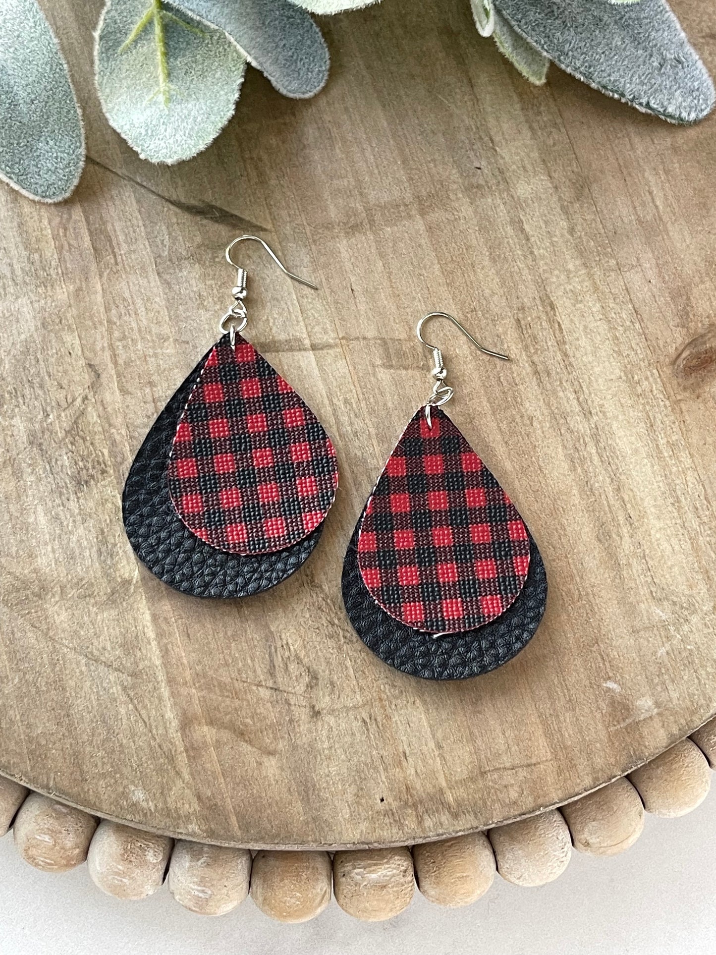 Faux Leather Buffalo Plaid Dangle